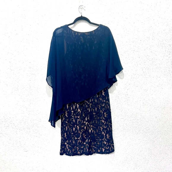 Adrianna Papell navy blue asymetrical overlay draped Dress 12 - Picture 8 of 12